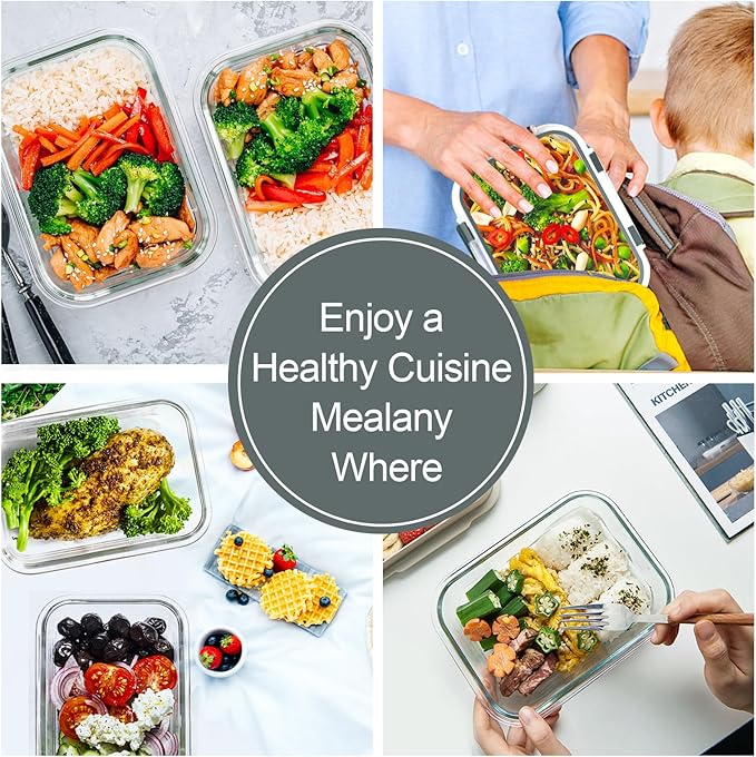 VERONES 10 Pack 22 OZ Glass Meal Prep Containers, Airtight Glass Lunch Containers Set, Glass Food Storage Containers with Lids,Exclusive of BPA, for Microwave, Oven, Freezer & Dishwasher Friendly,Grey
