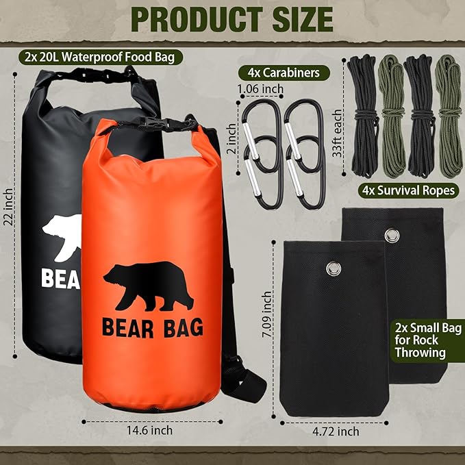 2 Sets Bear Food Bag for Camping Ultralight Food Bag Hanging System Includes 2 Pcs 10 L Waterproof Bear Bag Pulley System and 4 Pcs Nylon Ropes 4 Pcs Clips 2 Pcs Rock Pouch