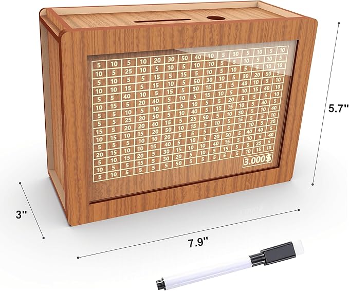 Piggy Bank for Adults Kids, Wooden Coin Bank for Boys and Girls, Cash Vault Money Saving Box with Counter $3000 Savings Challenge Money Box with Money Target and Numbers (Brown, $3000)