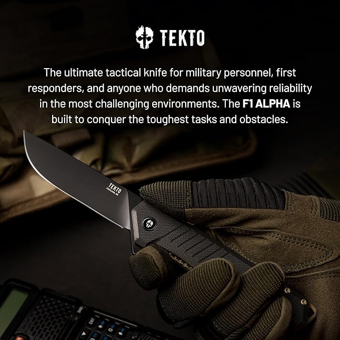 F1 Alpha Folding Pocket Knife - Modified Straight Back Blade, Titanium Coated D2 Steel, Ideal for Outdoor Camping and Backpacking, Tactical G10 Black Handle, Bronze Titanium Accents