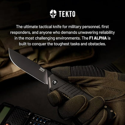 F1 Alpha Folding Pocket Knife - Modified Straight Back Blade, Titanium Coated D2 Steel, Ideal for Outdoor Camping and Backpacking, Tactical G10 Black Handle, Bronze Titanium Accents