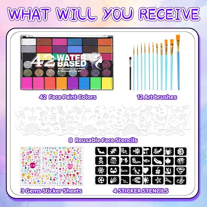 42 Colors Face Painting Kit for Kids，Non-Toxic Water Face Painting Palette Kit Professional whit Brushes，Stencils，Gems，sponges，Book&Glitters.Carnival，Halloween，Cosplay，Party； for Kids Makeup Artist