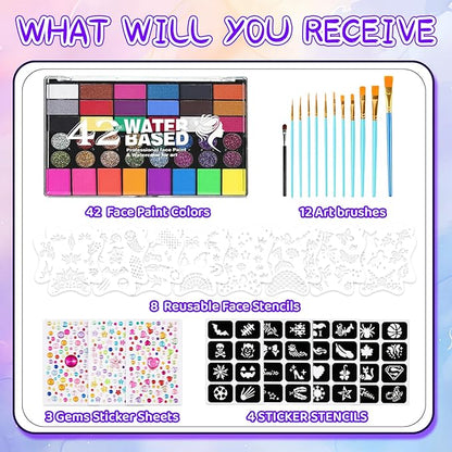 42 Colors Face Painting Kit for Kids，Non-Toxic Water Face Painting Palette Kit Professional whit Brushes，Stencils，Gems，sponges，Book&Glitters.Carnival，Halloween，Cosplay，Party； for Kids Makeup Artist