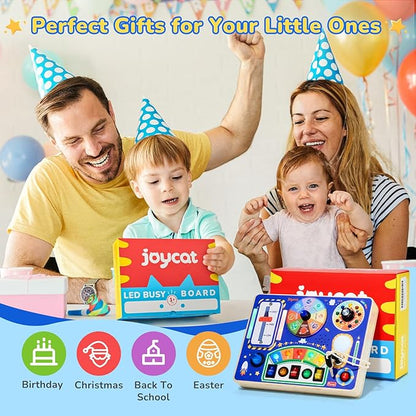 JoyCat Busy Board with Led Light, Toddler Toys for 1 2 3 4 Year Old Boys and Girls, Wooden Sensory Toys with Music, Travel Toy for Toddlers 1-3, Birthday Presents (Blue)