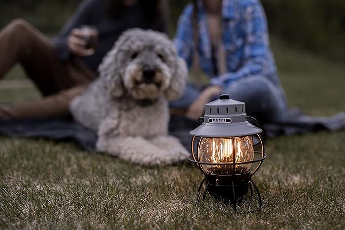 Barebones Railroad Lantern ??State Gray, Vintage-Inspired LED Camping Lantern with Rechargeable Battery ??Adjustable Brightness Outdoor Light for Camping Gear, Backyard, and Home Decor