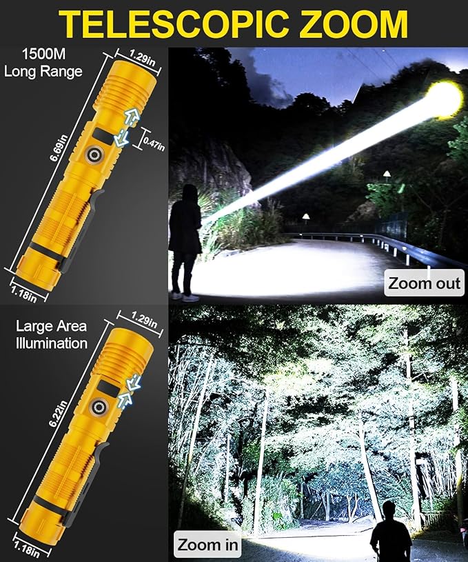 Rechargeable Flashlight High Lumens- Super Bright Magnetic Flash Light with Power Digital Display,3280Ft Long Range,Dimmable,Waterproof,Pocket Tactical LED Flashlights for Emergency,Gold 1PC
