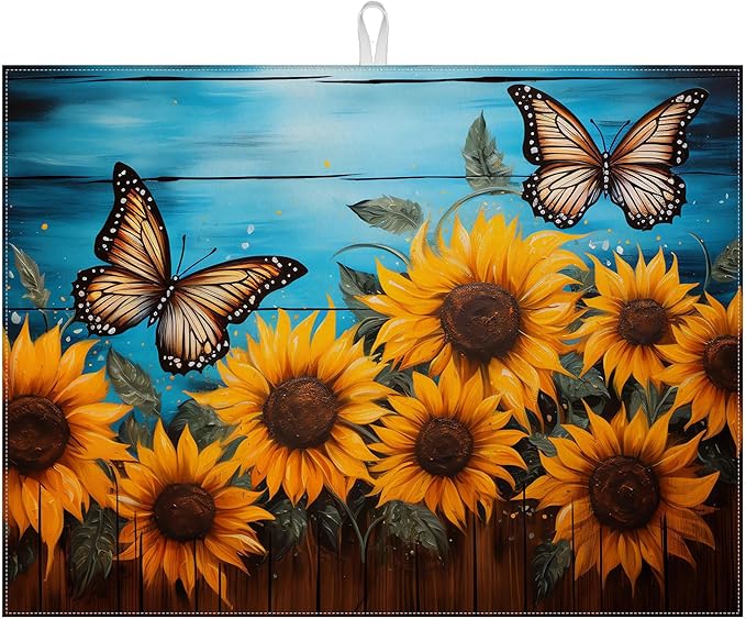 Sunflower Butterfly On Wooden Board Dish Drying Mat