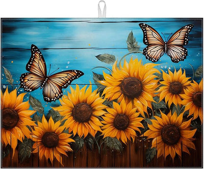Sunflower Butterfly On Wooden Board Dish Drying Mat