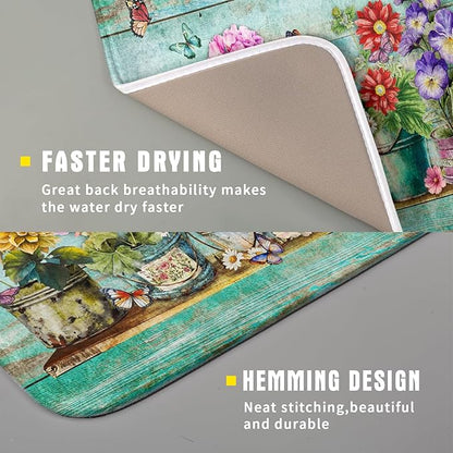 Flower Dish Drying Mat for Kitchen Counter 16x18 Inch Rustic Vintage Microfiber