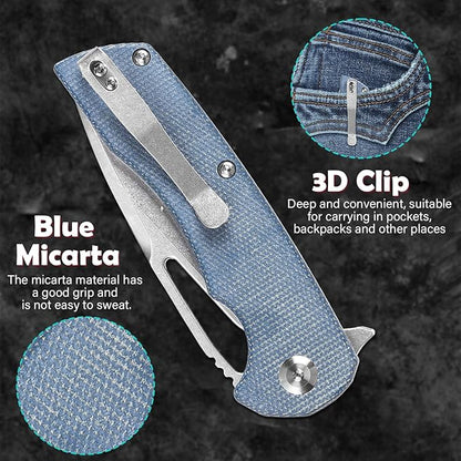 KANSEPT Kryo Pocket Knife 8.08in Folding Knives with 3.58in12C28N Steel Drop Point Blade and Blue Micarta Handle for Outdoor, Tactical, Survival and EDC T1001M3