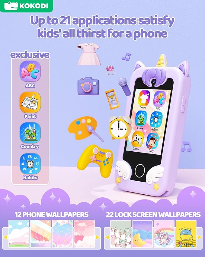 KOKODI Kids Smart Phone Toys, Birthday Gifts Unicorn Toddler Play Phone for Girls 3-10, Touchscreen HD Dual Camera Cell Phone for Kids, Travel Toy Preschool Learning Toy for Kids (Purple)