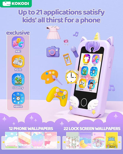 KOKODI Kids Smart Phone Toys, Birthday Gifts Unicorn Toddler Play Phone for Girls 3-10, Touchscreen HD Dual Camera Cell Phone for Kids, Travel Toy Preschool Learning Toy for Kids (Purple)
