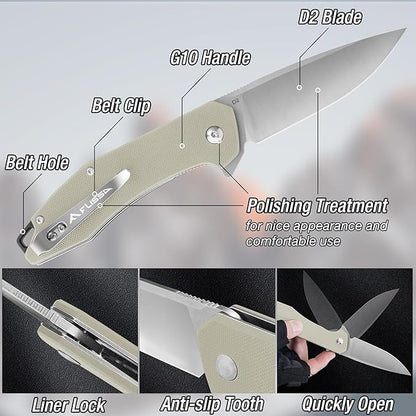 FLISSA Pocket Knife, Folding Tactical Knife with G10 Handle, D2 Blade, Liner Lock, Pocket Clip, EDC Knife for Hiking, Camping, Survival, Indoor and Outdoor Activities(Brown)