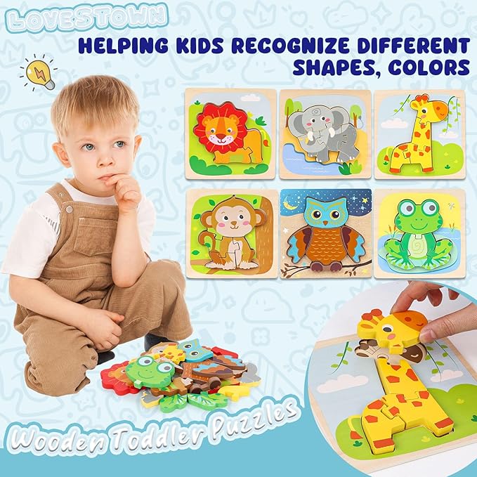 LovesTown Montessori Wooden Puzzles for Toddlers Kids Educational Animal Jigsaw Toys Preschool Learning Colors Shapes Cognition 6 Pack
