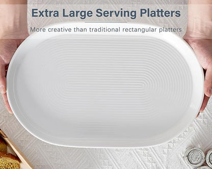 ONEMORE 16 Inch Ceramic Serving Plates for Entertaining, Set of 2 Large Oval Dinner Plates- Dishwasher Oven Safe Serving Tray for Food Meat Fish Parties- Porcelain Thanksgiving Turkey Platters - White