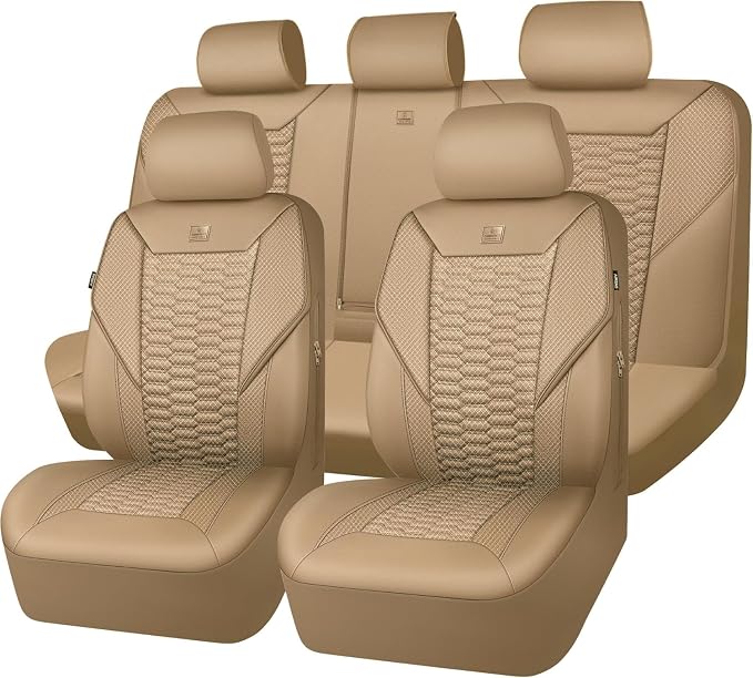 CAR PASS 3D Foam Mesh Leather Car Seat Covers Full Set, Tan Breathable Mesh Faux Leather Seat Covers for Car, Universal Fit for SUV Truck Sedan Automotive, Armrest Airbag Compatible, All Beige