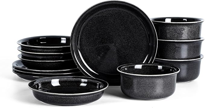 Stone Lain Slate 12-Piece Dinnerware Set Stoneware, Plates and Bowls Set, Dishwasher and Microwave Safe, Dish Set for 4, Black