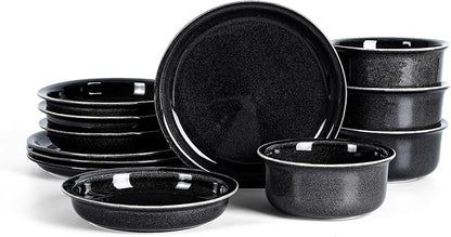 Stone Lain Slate 12-Piece Dinnerware Set Stoneware, Plates and Bowls Set, Dishwasher and Microwave Safe, Dish Set for 4, Black