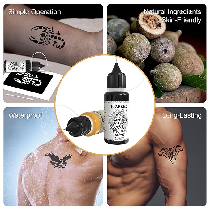 PFARRER Temporary Tattoo Kit12 Bottles Color Temporary Tattoo Ink,49 Big Pcs Stencils Kit for Body Paint DIY Fake Tattoos for Kids(Black*2,Red,Green,Blue,Pink,Grey,Navy,Yellow,Purple,Brown,Orange)