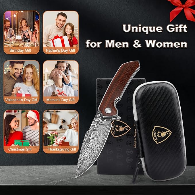 AUBEY Damascus Pocket Knife with Clip, Damascus Steel Blade Folding Knives with Ball Bearing, EDC Knife for Outdoor Camping Collection (Wooden Handle)