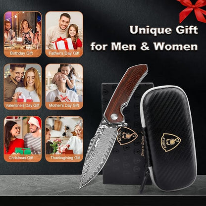 AUBEY Damascus Pocket Knife with Clip, Damascus Steel Blade Folding Knives with Ball Bearing, EDC Knife for Outdoor Camping Collection (Wooden Handle)