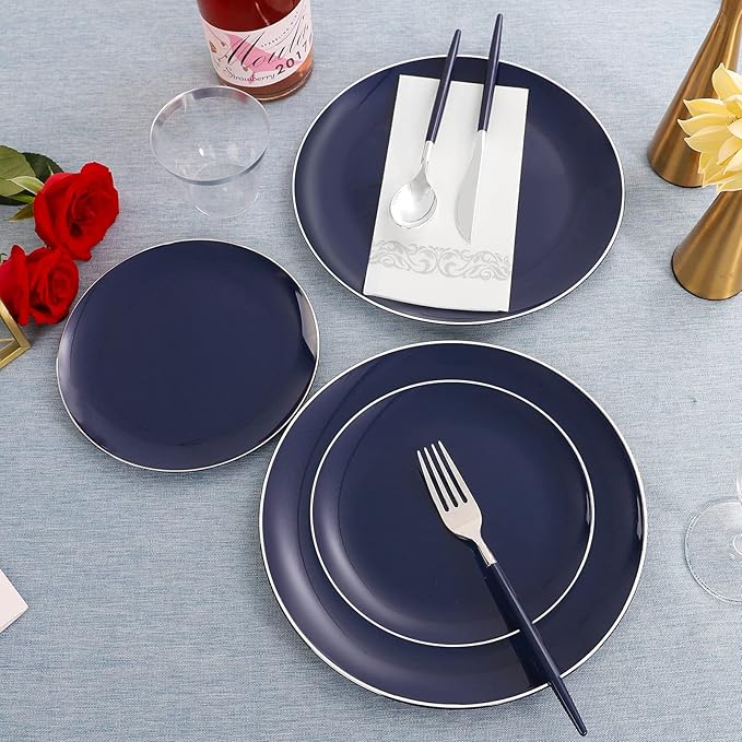 KIRE 175Pcs Blue Plastic Plates with Silver Rim & Disposable Silverware with Blue Handle & Silver-rim Cups & Hand Napkin & Plastic Dinnerware for Parties/Wedding