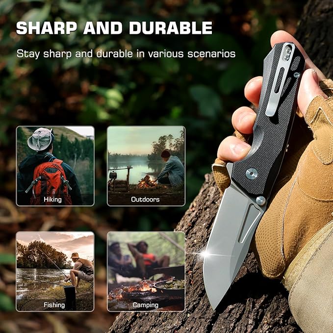EDC Pocket Knife Rhino,3" D2 Steel Blade Durable G10 Handle, Folding Pocket Knives with Reversible Pocket Clip, Sharp Camping Hiking Pocket Knife for Men