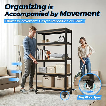 HOMEDANT House 5-Tier Metal Rolling Cart Shelf Rack Casters Heavy Duty Laminated Wheel Shelving Unit Adjustable Utility Storage Shelves Organizer Shelf Kitchen Garage 36.2" W x 16.5" D x 69.5" H 1Pack