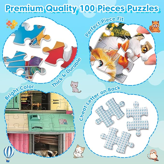 4-Pack 100 Piece Puzzles for Kids Ages 4-6, 6-8 | RV Trailer, Hot Air Balloon, Girl & Cats | Engaging & Educational Jigsaw Puzzles for Girls and Boys