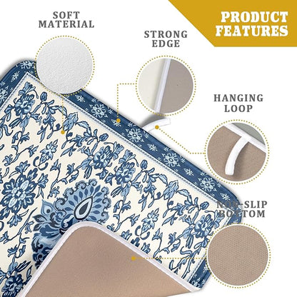 Blue Floral Dish Drying Mat for Kitchen Counter 16x18 Chinoiserie Flower Print
