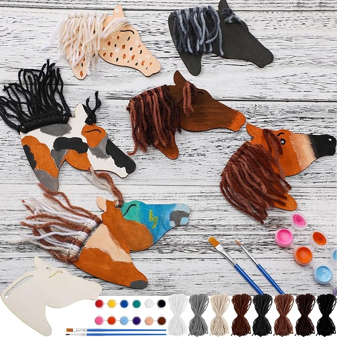 Geelin 24 Pcs Christmas Wooden Horse Craft Western Ornament Unfinished Wooden Cutouts Horse Painting Kit Unicorn Ornament DIY Cowboy Craft Paint Your Own Art for Christmas Party Favors(Classic)
