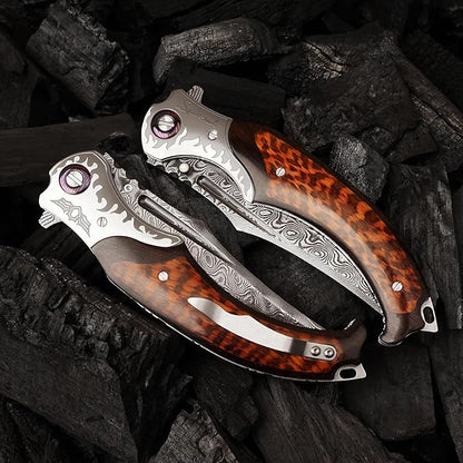 4.6in Damascus steel blade, ebony inlaid with serpentine wood handle with leather pocket folding knife, suitable for camping cutting