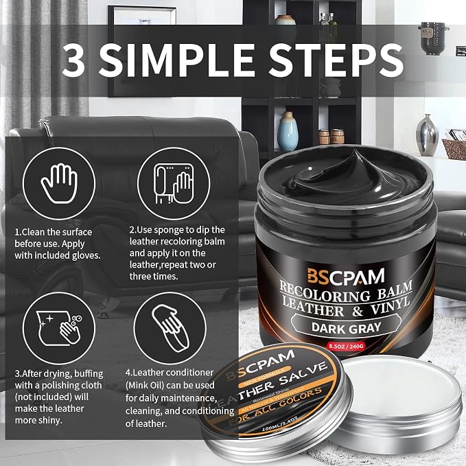 Dark Gray Leather Recoloring Balm with 100ml Mink Oil,Leather Couch Scratch Remover,Leather Repair kit for Vinyl Furniture and Car Interior,Leather Dye Paint,Mink Oil for Leather