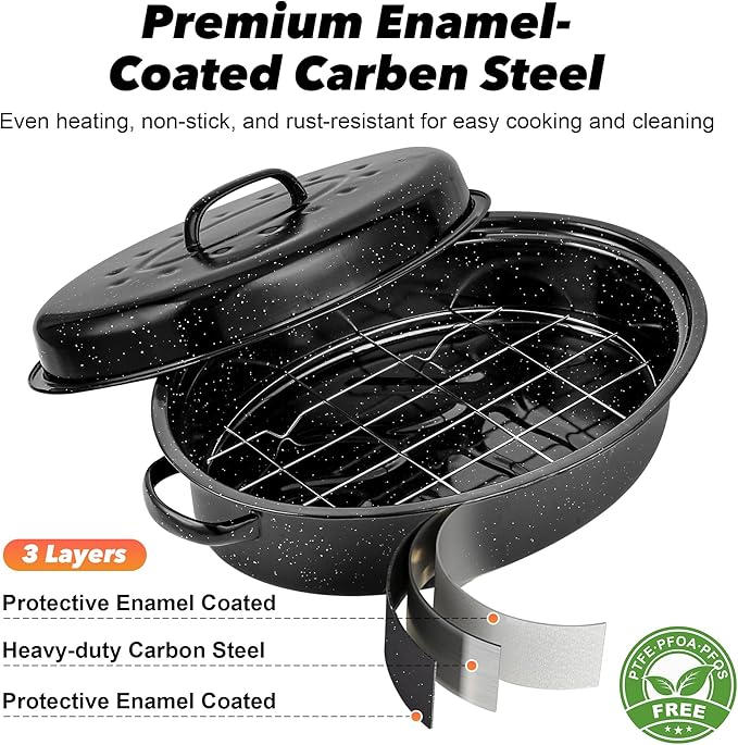15” Roaster Pan with Lid and Rack, Small Enamel Roaster Pan with Oval Roasting