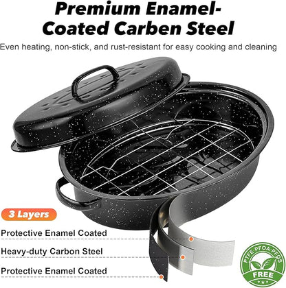 15” Roaster Pan with Lid and Rack, Small Enamel Roaster Pan with Oval Roasting