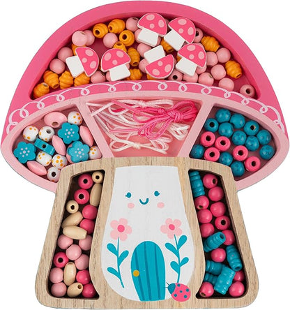 Stephen Joseph, Wooden Bead Kit for Kids, 125 Wooden Beads with 4 Necklace and 4 Bracelet Cords with Reusable Wooden Tray, Premium Wood Jewelry Making Kit for Kids, Mushroom