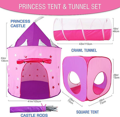 Princess Play Tent Set with Dress Up Tunnel, Castle Playhouse - Glow in The Dark Stars, Birthday Gift for Girls Age 3-7