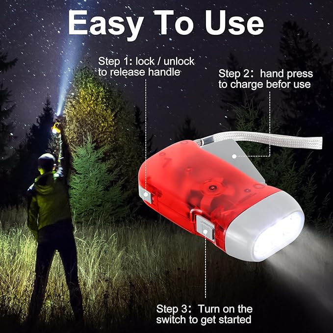 Leelosp 48 Pcs Hand Crank Flashlight No Battery Required Cranked Flashlight Manual Press Flash Light 3 LED Squeeze Light for Camping Hiking Power Outage Gift(Red Blue Yellow Gray)