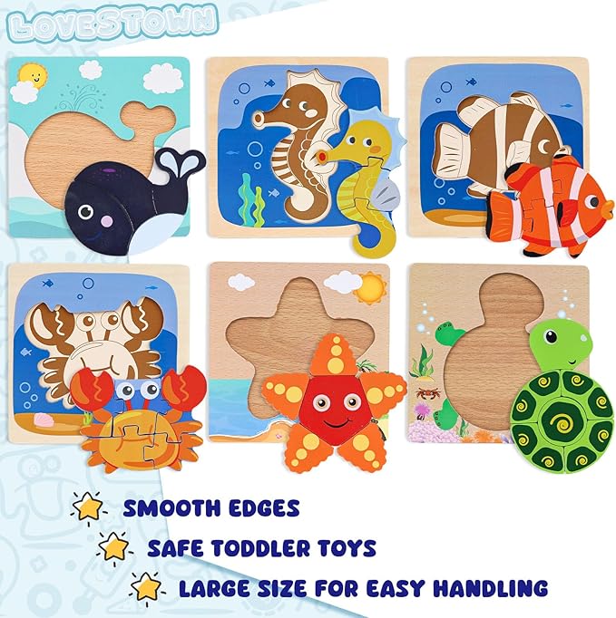 LovesTown Wooden Toddler Puzzles Montessori Sea Animal Jigsaw Puzzle, Educational Preschool Learning Toys for Boys and Girls, Pack of 6