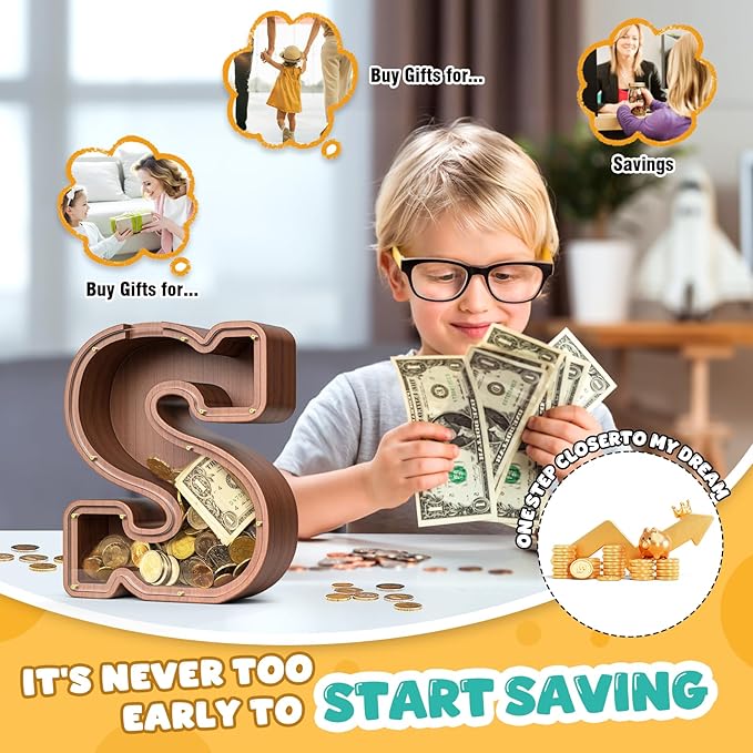 Summidate Wooden Letter Piggy Bank, Extra Thick Large Capacity Piggy Bank for Kids Boys Girls Toddler, Alphabet S Money Bank| Coin Box Birthday, Christmas, Festival