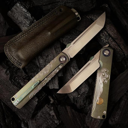 Handmade CPM-S35VN Powder Steel Japanese Pocket Knife, TC4 Titanium Alloy Handle, Camping and Hiking, Can be Gifted to Husband and Wife