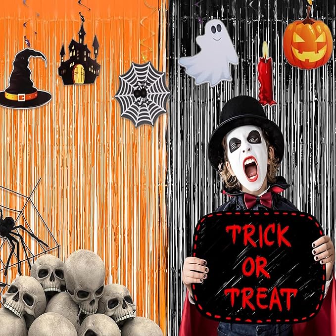BRAVESHINE 1 Black 1 Orange Tinsel Photo Backdrop Curtains - 3.2x8.2ft Foil Fringe Streamer Curtain for Birthdays, Halloweens, Graduations, Pumpkin, Home, Indoor or Outdoor Party Supplies Decorations