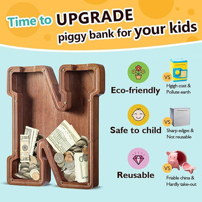 Summidate Customized Name Extra Large Wooden Piggy Bank for Kids Boys Girls Alphabets Letter A-Z Coins Bills Money Change Saving Box Clear Cover (Laser Engraved) Educational Toys 12"- Letter M