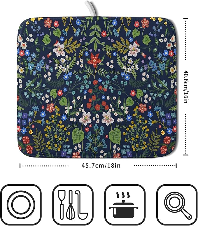 Flower Floral Dish Drying Mat Microfiber Navy Blue Absorbent Drying Pad