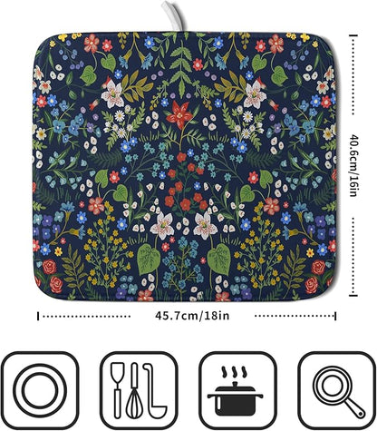 Flower Floral Dish Drying Mat Microfiber Navy Blue Absorbent Drying Pad