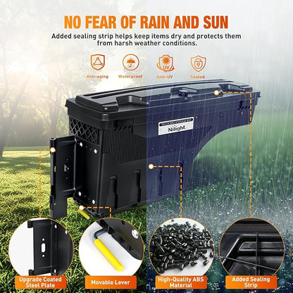 Nilight Truck Bed Tool Box Left Drivers Side Truck Tool Box Fit for Dodge Ram 1500 2500 3500 2002-2018 ABS Swing Case Truck Bed Storage Box w Lockable Lid Waterproof Wheel Well Toolbox, without Rambox
