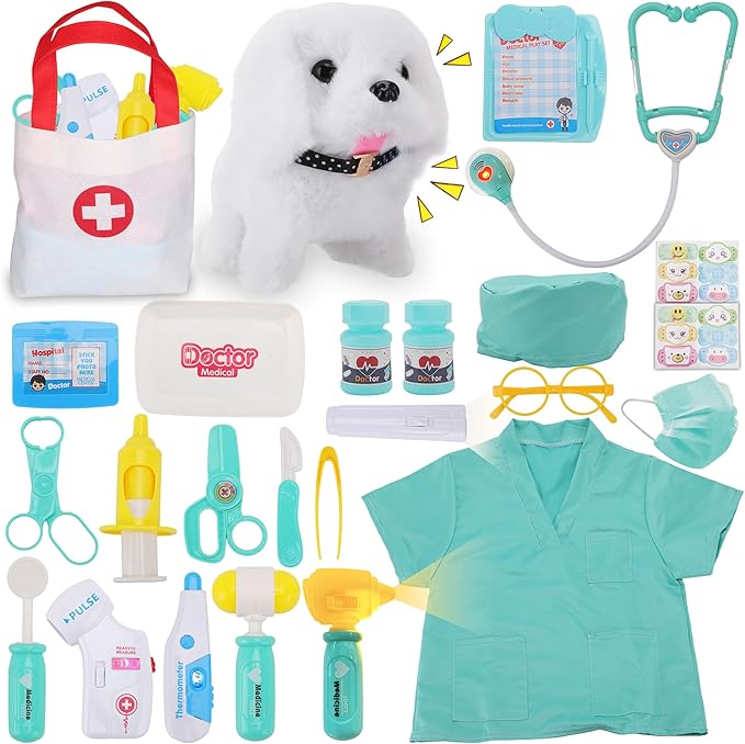 TEUVO Toy Doctor Kit for Girls - Pretend Play Doctor Set with Dog Toy, Carrying Bag & Stethoscope & Dress Up Costume - Toys Doctor Play Gift for Kids Toddlers Ages 1 2 3 4 5 6 7 Year Old for Role Play