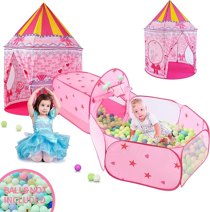 3pc Princess Fairy Tale Kids Play Tent, Cube Crawl Tunnel, Ball Pit for Toddlers, Indoor Outdoor Playhouse Castle Toys, Baby Boys Girls for 3 4 5 6 7 Years Old (Balls Not Included)