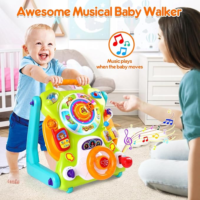 3-in-1 Baby Walker for Boy Girls Sit to Stand Toy Activity Center Drawing Board Infant Toys for 1 Year Old Birthday Gifts 9 12 18 Months 2 3 Year Old Kid Toddler Push Toy Musical Sound Light Effect