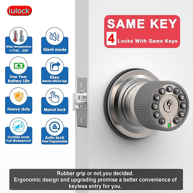 iulock Smart Door Knob with Keypad and Key, Keyless Entry Door Lock with Rubber